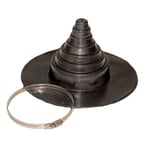 DACHPROTECT Rohrmanschette aus schwarzem EPDM mit konischer Form und breitem Flansch, daneben eine Schlauchschelle