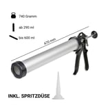 Schlauchbeutelpresse mit Massangaben 470 mm Länge und Füllmengen 290-600 ml, inkl. Spritzdüse