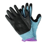 Weckman Schnitzhandschuhe aus blauem Nylon, Rueckseite glatt, Handflaechen und Fingerkuppen schwarz gummiert mit