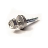 Seitenansicht einer Stahl verzinkten Schraube, Weißaluminium RAL 9006, mit Sechskantkopf, Dichtung und Gewinde