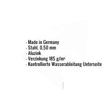 Infografik mit Eckdaten: Made in Germany, Stahl 0,50 mm, Aluzink, Verzinkung 185 g/m², kontrollierte Wasserableitung