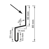 Technische Zeichnung der Sockelleiste Typ 1 mit Massen 40 mm, 24 mm, 25 mm, 15 mm, 80 mm und 100 Grad Winkel