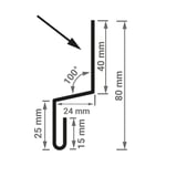 Technische Zeichnung der Sockelleiste Typ 1 mit Massen 40 mm, 24 mm, 25 mm, 15 mm und Winkel 100 Grad