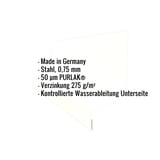 Infografik: Textliste mit Eckdaten wie Material, Staerke und Beschichtung