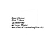 Infografik: Liste der Eckdaten wie Material Stahl 0,50 mm, 25 µm Polyesterbeschichtung, Verzinkung 275 g/m²