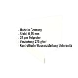 Liste der Produktmerkmale: Made in Germany, Stahl 0,75 mm, 25 µm Polyester, Verzinkung 275 g/m², kontrollierte