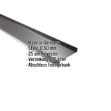 Sohlbank Tiefschwarz RAL 9005 aus Stahl 0,50 mm, Polyester 25 µm beschichtet, mit eingeblendeten Eckdaten