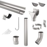 Stahl Dachrinnen Sparpaket in Graualuminium, alle Einzelteile wie Rinne, Fallrohr, Boegen und Halterungen freigestellt