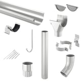 Stahl Dachrinnen Sparpaket in Weißaluminium (RAL 9006), alle Einzelteile wie Rinne, Fallrohr, Bogen und Zubehoer