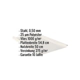 Stehfalzblech 33/500-LE, Stahl 0,50 mm, Grauweiß RAL 9002, mit eingeblendeten Eckdaten