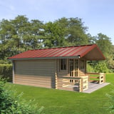 Stehfalzblech Dach in Kupferbraun (RAL 8004) auf einem Gartenhaus mit Vordach, Anwendungsbeispiel