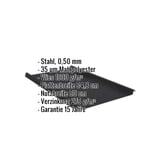 Stehfalzblech 33/500-LE schwarz, Stahl 0,50 mm, Mattpolyester 35 µm, Vlies 1000 g/m², Eckdaten eingeblendet