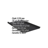 Stehfalzblech 33/500-LE schwarz, Stahl 0,50 mm, Mattpolyester 35 µm, Vlies 700 g/m², Eckdaten eingeblendet