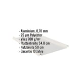 Stehfalzblech Aluminium 0,70 mm, Weißaluminium, mit eingeblendeten Eckdaten und Garantiehinweis
