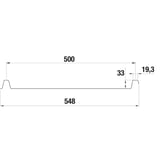 Technische Zeichnung Stehfalzblech 33/500-LE mit Profilmassen 548 mm, 500 mm und 33 mm