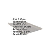 Stehfalzblech Graualuminium mit eingeblendeten Eckdaten zu Material, Staerke, Beschichtung und Massen