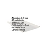 Stehfalzblech Aluminium 0,70 mm, Weißaluminium, mit eingeblendeten Eckdaten und Garantiehinweis