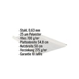 Stehfalzblech 33/500-LR in Weißaluminium mit eingeblendeten Eckdaten zu Material und Maßen