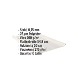 Stehfalzblech Grauweiß RAL 9002 mit eingeblendeten Eckdaten zu Material, Stärke, Beschichtung und Maßen