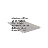 Stehfalzblech Graualuminium mit eingeblendeten Eckdaten: Aluminium 0,70 mm, 25 µm Polyester, Vlies 700 g/m², Plattenbreite