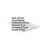 Stehfalzblech 33/500-LR, Lichtgrau, mit eingeblendeten Eckdaten zu Material, Staerke und Garantie