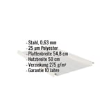 Stehfalzblech 33/500-LR, Weißaluminium RAL 9006, mit eingeblendeten Eckdaten zu Material und Massen
