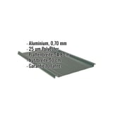 Stehfalzblech 33/500-LR Aluminium moosgrün, 0,70 mm, mit eingeblendeten Eckdaten und Garantiehinweis