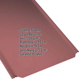Stehfalzblech PD-510-S kirschrot, Stahl 0,50 mm, mit Polyesterbeschichtung und Vlies 700 g/m², Eckdaten eingeblendet