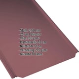 Stehfalzblech PD-510-S Flach Weinrot RAL 3005 mit eingeblendeten Eckdaten zu Material, Staerke und Beschichtung