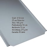 Stehfalzblech PD-510-S Flach Fehgrau, Stahl 0,50 mm, Polyester 25 µm, Vlies 700 g/m², Eckdaten eingeblendet