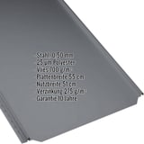 Stehfalzblech PD-510-S Flach Graphitgrau mit eingeblendeten Eckdaten zu Material, Staerke und Beschichtung