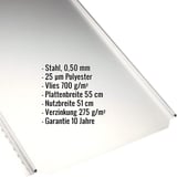 Stehfalzblech PD-510-S Flach, Reinweiß RAL 9010, mit eingeblendeten technischen Daten und Eigenschaften