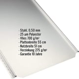 Stehfalzblech PD-510-S Flach, Grauweiß, mit eingeblendeten Eckdaten zu Material, Stärke und Beschichtung