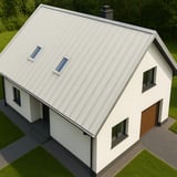 Draufsicht auf ein Haus mit Stehfalzblech PD-510-S Flach in Grauweiß, mit zwei Dachfenstern
