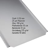 Stehfalzblech PD-510-S Flach, Weißaluminium RAL 9006, 0,50 mm, mit eingeblendeten Eckdaten