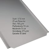 Stehfalzblech PD-510-S Flach Graualuminium, 0,50 mm Stahl, Polyester, Vlies 700 g/m², Eckdaten eingeblendet