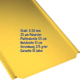Stehfalzblech PD-510-S Flach in Rapsgelb, 0,50 mm Stahl mit 25 µm Polyester, Eckdaten eingeblendet