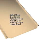 Stehfalzblech PD-510-S Flach in Sandgelb, Stahl 0,50 mm, mit eingeblendeten Eckdaten