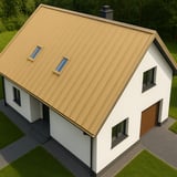 Dachansicht eines Hauses mit sandgelbem Stehfalzblech PD-510-S Flach und zwei Dachfenstern