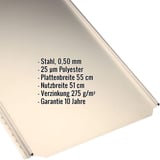 Stehfalzblech PD-510-S Flach, Hellelfenbein RAL 1015, mit eingeblendeten Eckdaten zu Material und Beschichtung