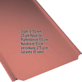 Stehfalzblech PD-510-S Flach Korallenrot, Detailansicht mit eingeblendeten Eckdaten zu Material, Staerke und Beschichtung