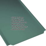 Stehfalzblech PD-510-S Flach, Moosgrün RAL 6005, mit eingeblendeten Eckdaten zu Material, Stärke und Beschichtung