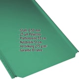 Stehfalzblech PD-510-S Flach Minzgrün, 0,50 mm Stahl, Polyester 25 µm, mit eingeblendeten Eckdaten