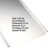 Stehfalzblech PD-510-S Flach, reinweiß, mit eingeblendeten Eckdaten zu Material, Stärke und Beschichtung