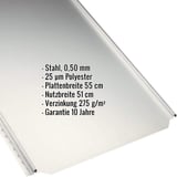 Stehfalzblech PD-510-S Flach, Grauweiß RAL 9002, 0,50 mm Stahl, mit eingeblendeten Eckdaten