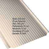 Stehfalzblech PD-510-S Mikro Hellelfenbein mit eingeblendeten Eckdaten zu Material, Staerke und Beschichtung