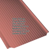 Stehfalzblech PD-510-S Mikro Korallenrot RAL 3016 mit eingeblendeten Eckdaten zu Material, Staerke und Beschichtung