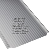 Stehfalzblech PD-510-S Mikro Weißaluminium mit eingeblendeten Produktdaten wie Material, Stärke und Beschichtung