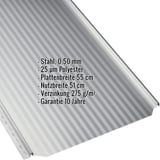 Stehfalzblech PD-510-S Mikro Lichtgrau, Detailansicht mit eingeblendeten Eckdaten zu Material und Beschichtung
