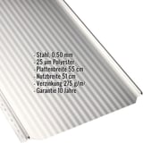 Stehfalzblech PD-510-S Mikro in Reinweiß, Detailansicht mit eingeblendeten Eckdaten zu Material und Beschichtung